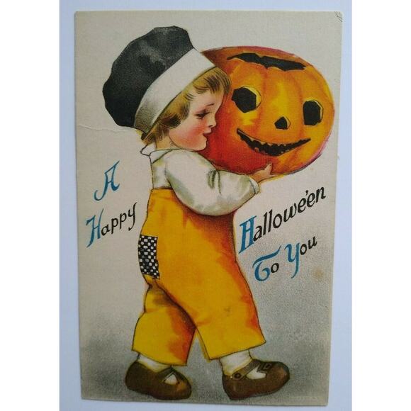 Halloween Postcard Ellen Clapsaddle Antique Wolf Series 1 Unused Child With JOL - Picture 2 of 8